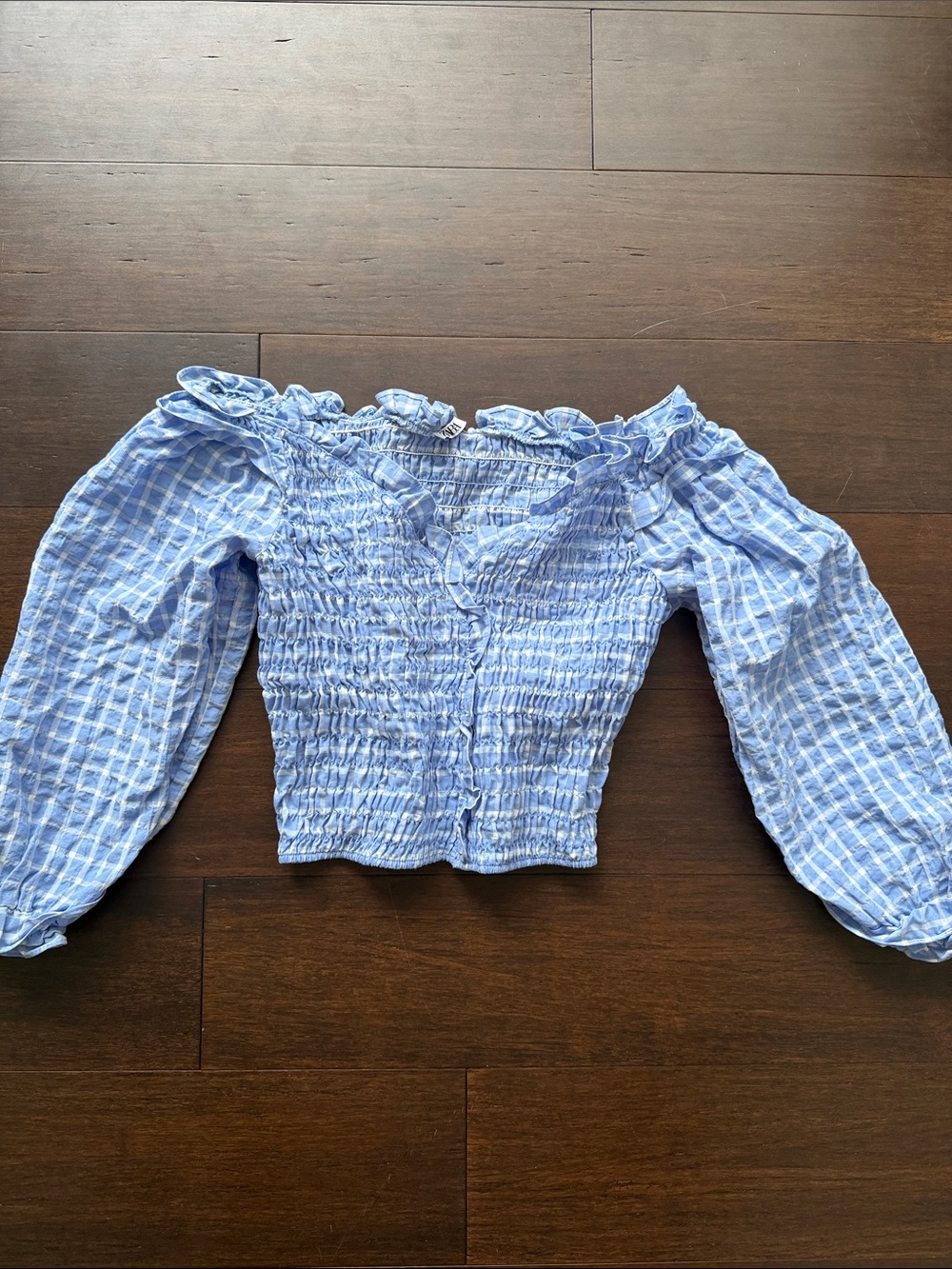 ZARA Light Blue Smocked Off-Shoulder Blouse
